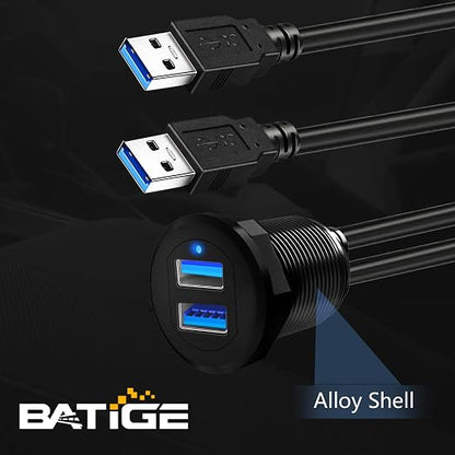 Alloy Dual Port USB 3.0 Car Dashboard Flush Mount Cable, Male to Female with LED Indicator Extension Cable for Car Truck Boat Motorcycle Dashboard Panel - 3ft