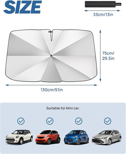 JOYTUTUS Windshield Sun Shade Umbrella, Upgraded 360° Rotation Bendable Shaft Handle, Foldable for Mini Car/Hatchback, Automotive Interior Sun Protection, UV Rays Block, 51''x 29''