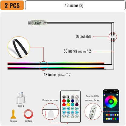 Ambient Lighting Car led Lights Interior, 43.3'' USB Powered Acrylic Neon Flexible Strip Model y Ambient Lighting kit with Remote APP,Dynamic RGB 2 in 1 Music Lights Sync for Inside car Decorations