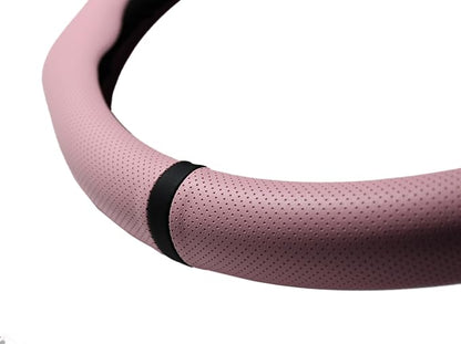 Quick Install Sporty Perforated Pink Nappa Leather Steering Wheel Cover with Black Stripe Universal fit 14½" to 15" Car SUV Pickup Pink for Wife