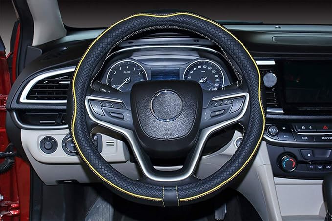 Mayco Bell Universal Standard Size Steering Wheel Cover Anti-Slip,Safety,Soft,Breathable,Durable,Full Surround,Comfortable Grip Microfiber Leather (14.5-15 inch,Black Yellow)