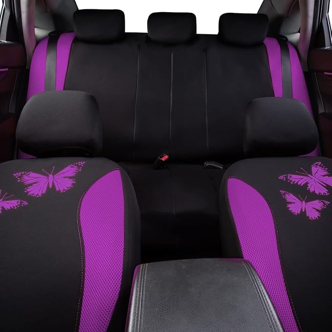 Flying Banner Butterfly car seat Covers ful Set Fashion Universal Lady Woman Female Rear Bench Split Colorized (Full Set, Purple)