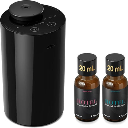Airversa Waterless Essential Oil Diffuser Starter Kit with 2x20mL Hotel Fragrance Oils for Car Home Office, Cordless Battery Operated Scent Air Cool Mist Diffuser, Mist/Timers, AN6KIT-C Black