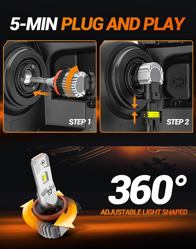 SEALIGHT H11 LED Fog Light Bulbs, 44000LM H8 H16 H11 LED Bulbs 6500K Cool White, 360° Adjustable Ring, Non-Polarity, IP68 Waterproof, Pack of 2