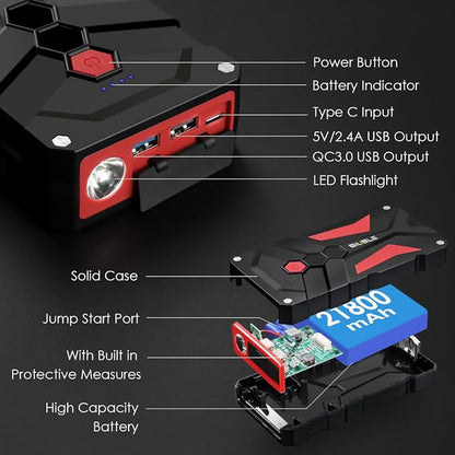 Jump Starter Car Jump Starter Auto Battery Booster Pack 8000A Peak 12V with USB-C Quick Charge,Lithium Jump Box with LED Light(Up to 8.0L Gas or 6.5L Diesel Engine)