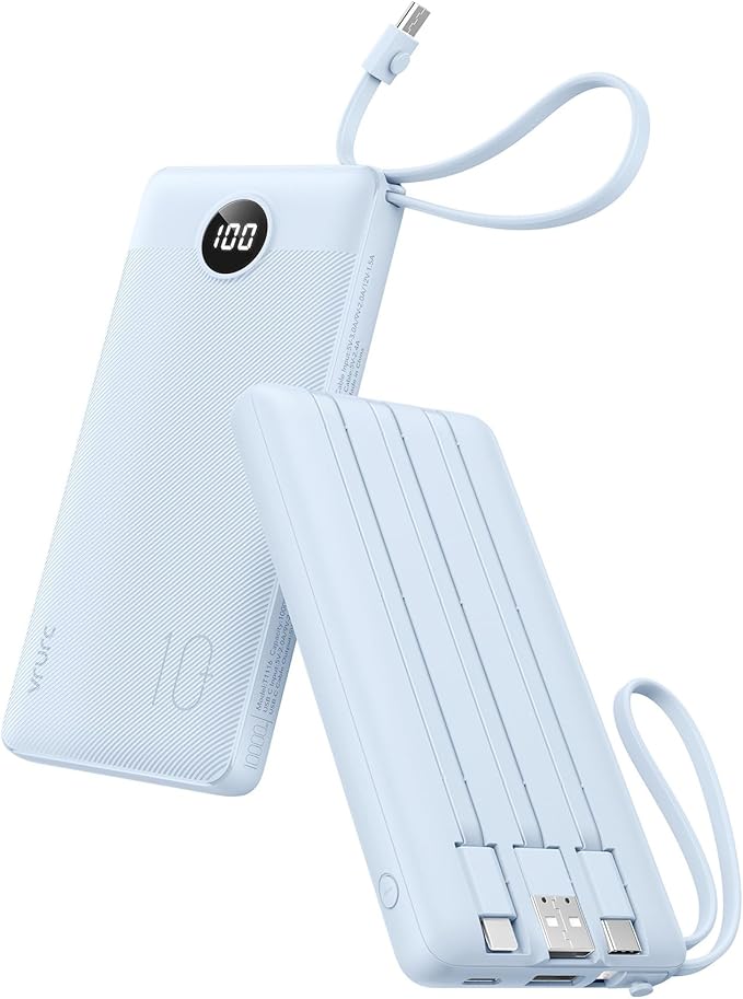 VRURC Portable Charger for iPhone, Built in Cables & Lanyard Power Bank 10000mAh, Compact USB C Charging Bank 5 Outputs for Multi Devices,Travel Essential for Hiking Camping Business Cruise Ship-Blue