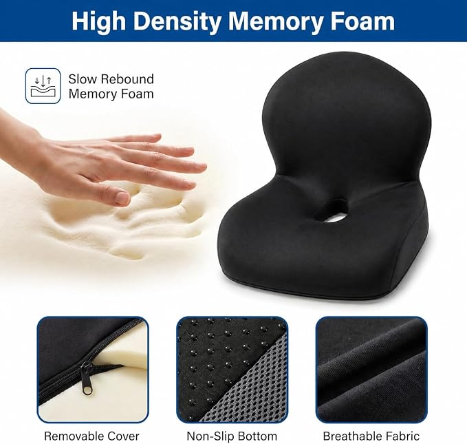 Memory Foam Office Chair Cushion with Back Support, Ergonomic Seat Cushion for Office Chair and Car Seat, Pressure Relief for Long Sitting (Black)