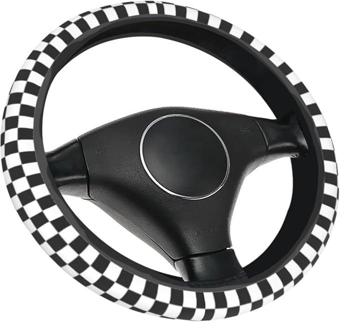 Checkerboard Steering Wheel Cover, Black and White Anti-Slip Universal Car Steering Wheel Cover, Checkerboard Race Soft Breathable Neoprene 15 Inch Car Accessories Case fit for Cars Auto SUVs