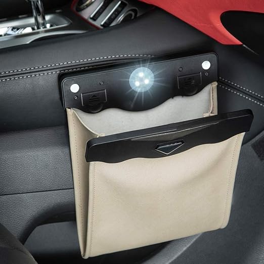 Smart LED Car Trash Can Waterproof Garbage Bag Passenger Side Artificial Leather Storage Pocket Leak Proof Reusable Traveling Portable Offices Toilet Garbage Cans Back Seat Hanging (Beige-1pack)