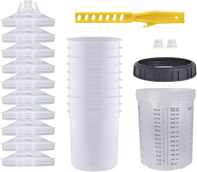 Disposable Paint Sprayer Mixing Cup for Automotive Paint Gun, HVLP Paint Spray Paint Gun 27 Ounce (800ml) Kit with 10 Cups and Lids System, 1 Hard Cup with Retainer Ring and 2 Plugs