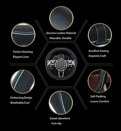 Car Steering Wheel Cover,Anti-Slip, Safety, Soft, Breathable,Heavy Duty, Thick,Full Surround,Sports Style (Black with Light Blue Line)