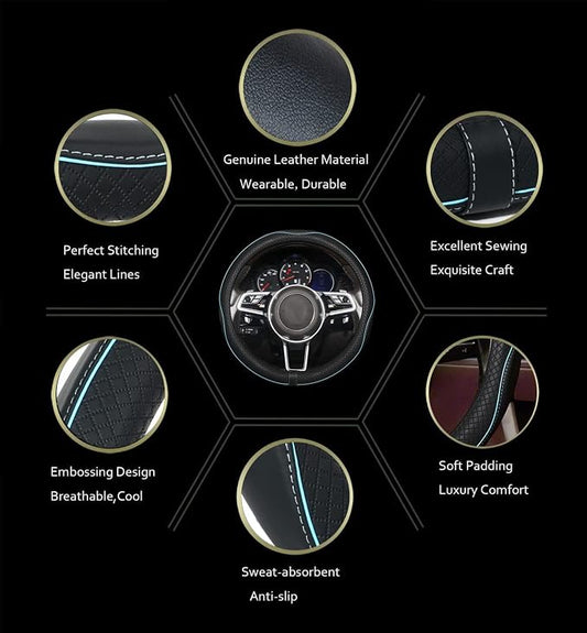 Car Steering Wheel Cover,Anti-Slip, Safety, Soft, Breathable,Heavy Duty, Thick,Full Surround,Sports Style (Black with Light Blue Line)
