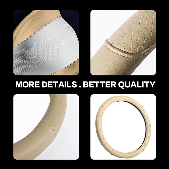 Microfiber Leather Steering Wheel Cover with Classic Embossing, Anti-Slip Breathable Auto Car Wheel Protector, Fit 15 Inch (Beige)
