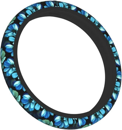 Blue Flower Steering Wheel Cover for Women Car Accessories Cute Girls Girly Universal 15 Inch Neoprene Auto Interior Decor Anti Slip Automotive Truck Protector