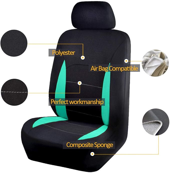 Flying Banner Car Seat Covers Full Set Front Seats and Rear Bench Polyester car seat Protectors Black Gray Purple airbag Compatible Rear Bench Split (Black Mint Green)