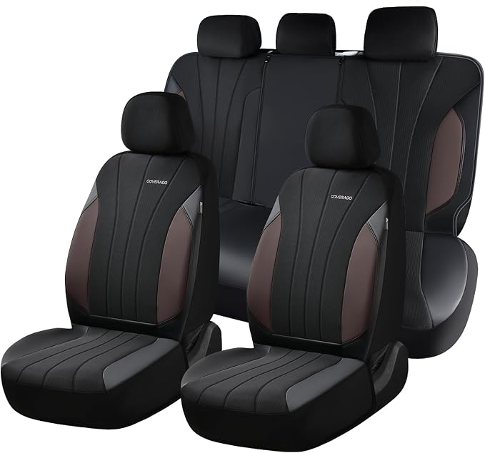 Coverado Car Seat Covers Full Set, 5 Seats Waterproof Nappa Leather Automotive Seat Protectors, Front & Rear Luxury Mesh Seat Covers, All-Weather Universal Fit for Most Cars SUVs, Coffee&Black