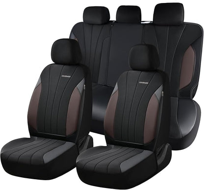 Coverado Car Seat Covers Full Set, 5 Seats Waterproof Nappa Leather Automotive Seat Protectors, Front & Rear Luxury Mesh Seat Covers, All-Weather Universal Fit for Most Cars SUVs, Coffee&Black