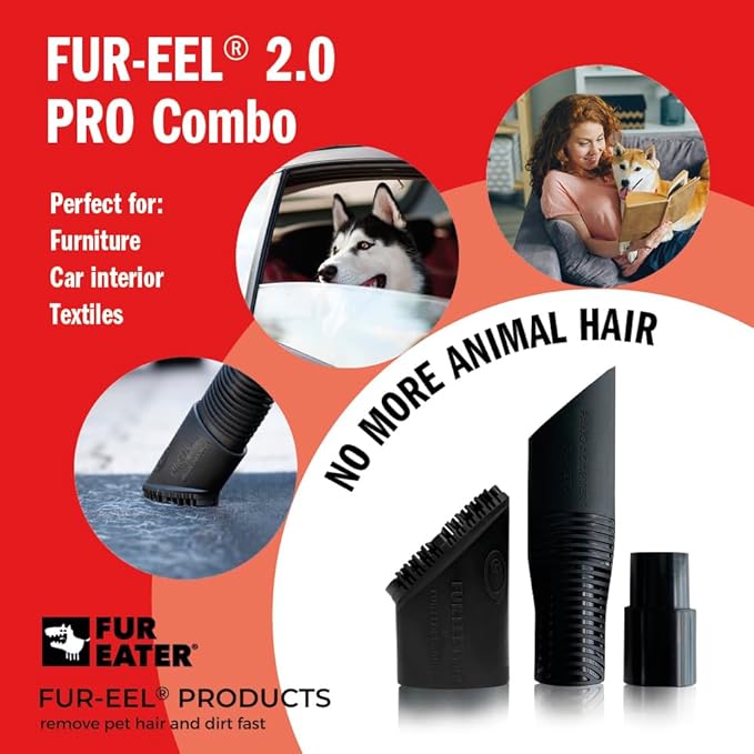 FUR-EEL PRO 2.0 Pet Hair Remover Vacuum Attachment, Replaceable Rubber Brush Head for Dog & Cat Hair, Fits 1-1/4, 1-3/8 & 1-1/2 in Round Hoses, for Car Detailing, Carpet & Upholstery