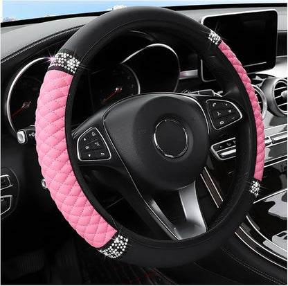 Osilly Bling Car Steering Wheel Cover, 15 Inch Rhinestones Soft Leather Elastic Steering Wheel Protector, Sparkly Crystal Diamond for Women Girls, Car Interior Accessories for Most Cars (Pink)