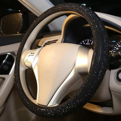 Bling Steering Wheel Cover Women Girls Black Rhinestone Car Accessories 15 Inch Universal Crystal Diamond Cool Bling Anti-Slip Wheel Protector