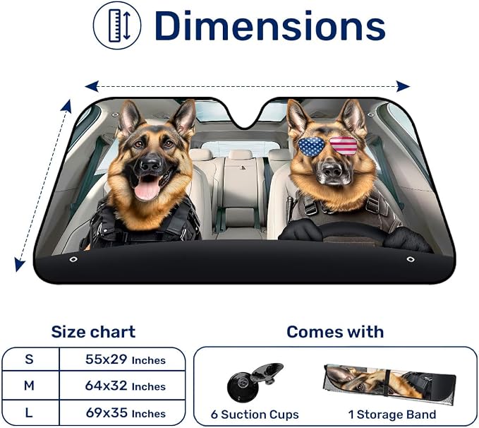 GENANY German Shepherd Windshield Cover for Car SUV Truck (55x30 Inches), Foldable Heat Shield, Shades for Front Windows, Protector Blocks UV, Car Decor