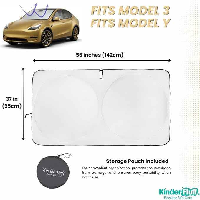 Windshield Sun Shade Compatible for Tesla Model 3/Y | Certified 99.87% UVB & 99.02% UVA Car Sun Shade. Award Winning Sunshade - Patented Technology | Car Shades by Kinder Fluff