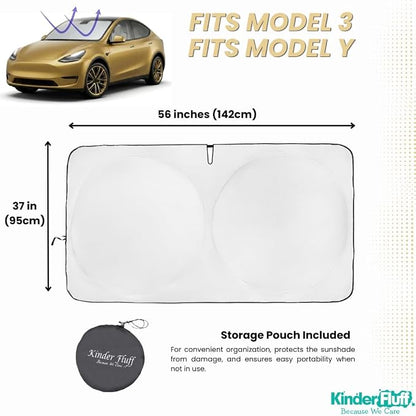 Windshield Sun Shade Compatible for Tesla Model 3/Y | Certified 99.87% UVB & 99.02% UVA Car Sun Shade. Award Winning Sunshade - Patented Technology | Car Shades by Kinder Fluff