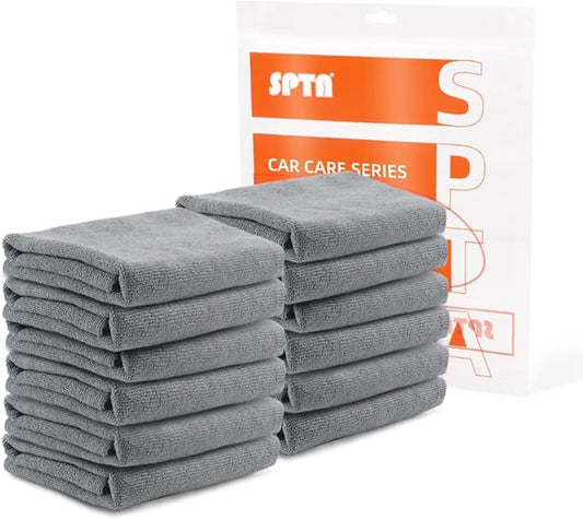SPTA Microfiber Cleaning Cloth, Car Wash Towels, Terry Streak Free Reusable and Washable Premium Microfiber Towels for Cars, Pack of 12, 16"x16", Grey-MT041