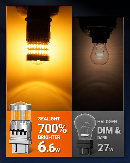 SEALIGHT Turn Signal Light Bulbs 3157 LED Bulb Amber, 700% Brighter 3156 3057 4157 4114 LED Bulb 57-SMD LED Chipset with Projector Len & Load Resistor for Turn Signal Light, Parking Light, Pack of 2