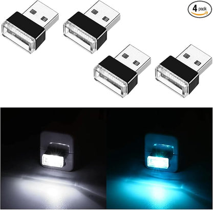 Ziciner 4 PCS USB LED Car Interior Atmosphere Lamp, Portable Mini LED Night Light, Plug-in USB Interface Trunk Ambient Lighting Kit, Universal Car Interior Accessories (White, Ice Blue)