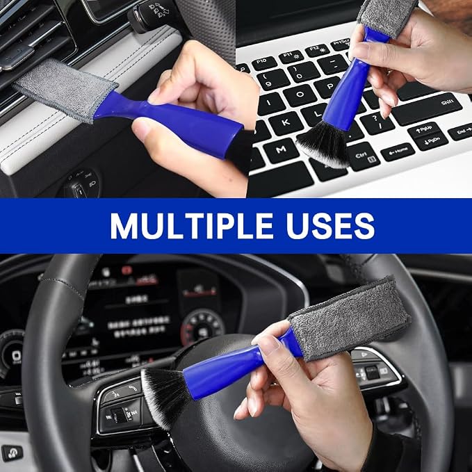 Car Double Head Clean Brush, Car Brushes for Detailing Interior, Double Head Automotive Interior Cleaner Detail Brushes, Car Dust Detailing Brush for Air Vents Dashboard Screen (Blue)