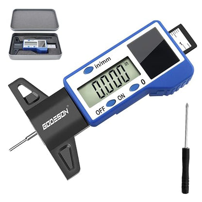 GODESON Digital Tire Tread Depth Gauge – Solar & Battery Hybrid, Inch/MM Modes, 1"/25.4mm Range, Blue Accurate Tread Depth Gauge Tool for Cars, Trucks & Motorcycles Tire Wear Check