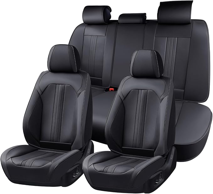 Huidasource Seat Covers, Luxury Faux Leather Car Seat Cover, Velcro Adjustable, with Airbags, Seat Belts, Thinning Design Perforation Cooling Heating Universal Fit for Most Cars Vans Trucks SUVs Black