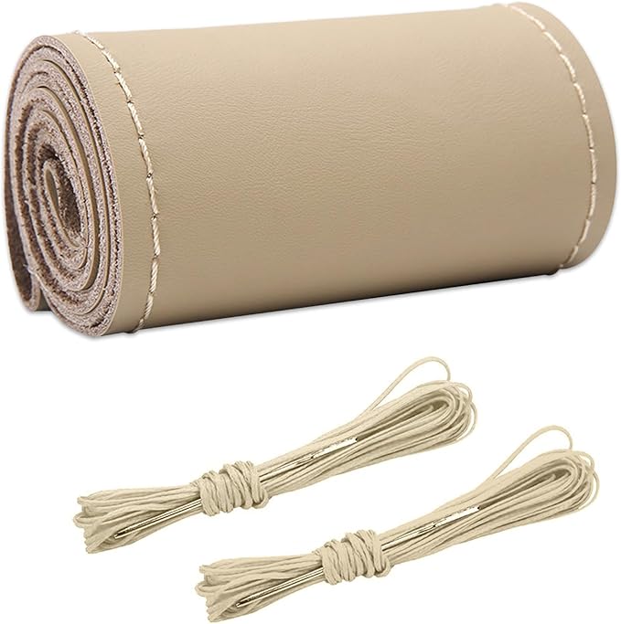 Wevdn Genuine Leather Steering Wheel Cover, Stitch on Wrap, DIY Sewing Steering Wheel Protector, 15 Inch Breathable Non-Slip Steering Wheel Protector, Car Accessories (Beige, Glossy)