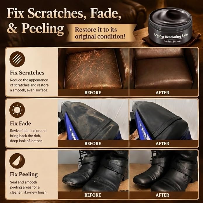Leather Recoloring Balm, Leather & Vinyl Color Restorer Conditioner – Repairs Faded & Scratched Leather Color