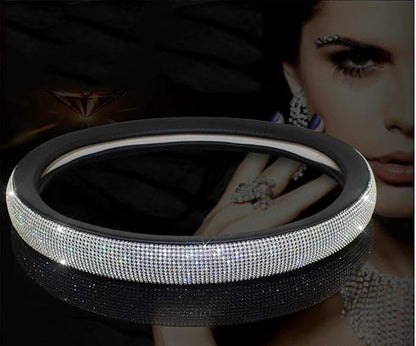 Diamond Leather Steering Wheel Cover with Bling Bling Crystal Rhinestones,Large-Size of 15 1/2 inches-16 inches Black