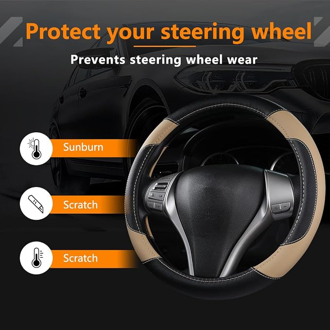 Leather Car Steering Wheel Cover, Non-Slip Car Wheel Cover Protector Breathable Microfiber Leather Universal Fit for Most Cars(Beige)