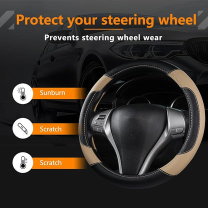 Leather Car Steering Wheel Cover, Non-Slip Car Wheel Cover Protector Breathable Microfiber Leather Universal Fit for Most Cars(Beige)