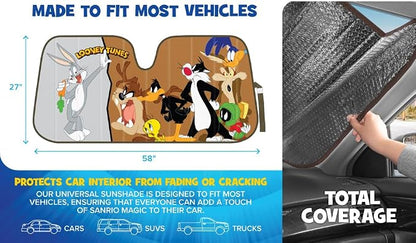 Looney Tunes Car Windshield Sun Shade for Front Window, Officially Licensed Car Sun Shade with Bugs Bunny Taz Daffy Duck and Friends Graphic, Accordion Style Sun Visor Sunshade for Car Windshield