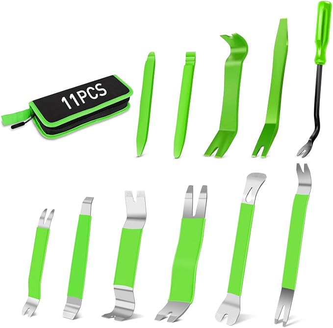 GOOACC 11 PCS Trim Removal Tool Kit, Metal Pry Tool Auto Fastener Remover Pry Bar Set Car Door Panel Removal Tool Dashboard Repair Kit Green