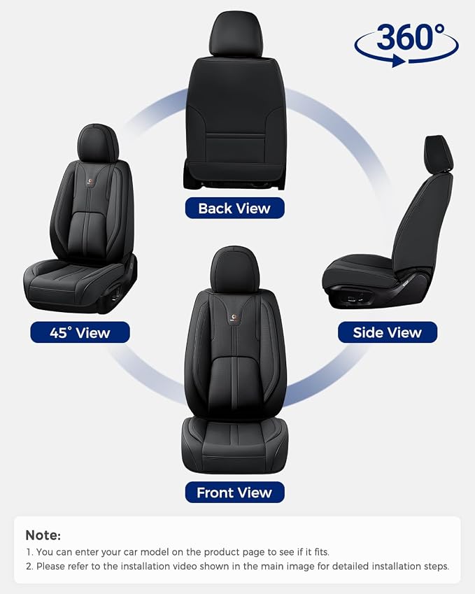 Huidasource Black Front Seat Cover Luxury Nappa Leather, Front Car Seat Cover with Airbag, Front Storage Pocket, Lumbar Support, Cooling＆Heating, Universal Fit for Most Cars SUV Trucks, Black
