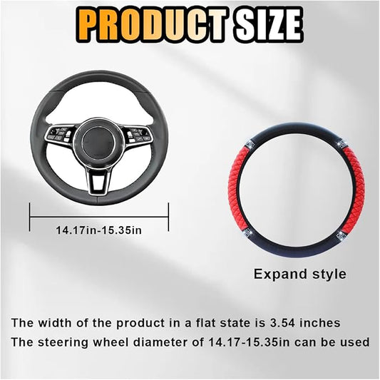 Bling Soft Leather Steering Wheel Cover, 15 Inch Colorful Rhinestones Auto Elastic Protector with Crystal Diamond for Women Girls, Car Accessories for Most Cars, SUVs (Red)