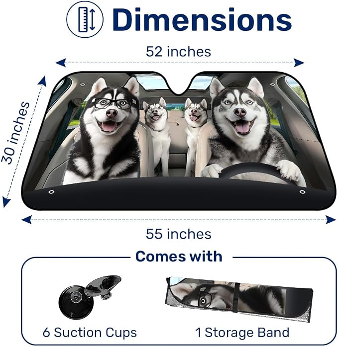 GENANY Husky Family Funny Windshield Sun Shade for Car SUV Truck (55x30 Inches), Sun Shade Windshield, Shades for Windows, Protector Blocks UV, Car Decor