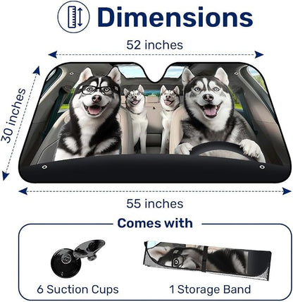 GENANY Husky Family Funny Windshield Sun Shade for Car SUV Truck (55x30 Inches), Sun Shade Windshield, Shades for Windows, Protector Blocks UV, Car Decor