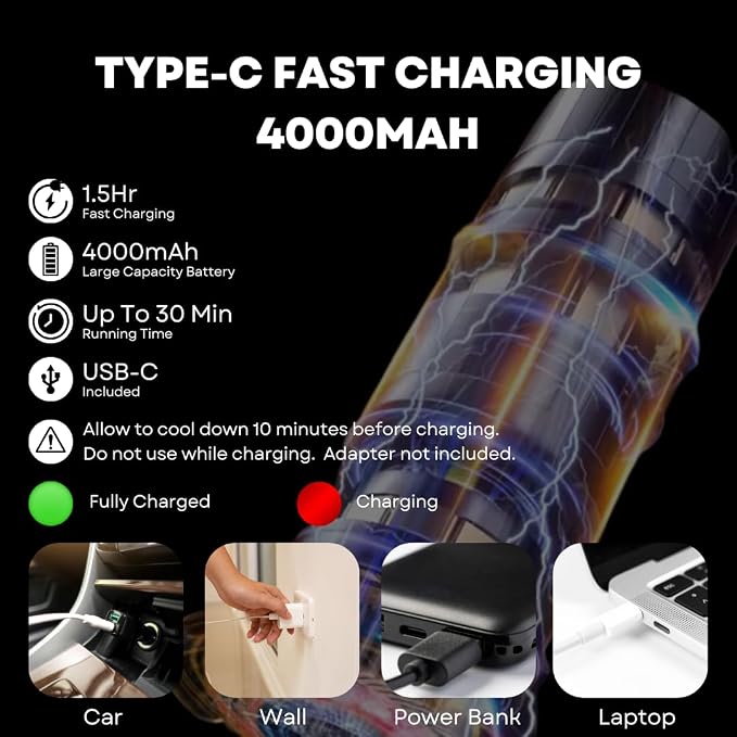 Car Vacuum Handheld 20000 PA 4in1 Cordless Rechargeable Multi-Functional Compact Powerful Suction Brushless Motor Compressed Air Duster Washable HEPA Filter Mini Home Office Pet Gift Men Women