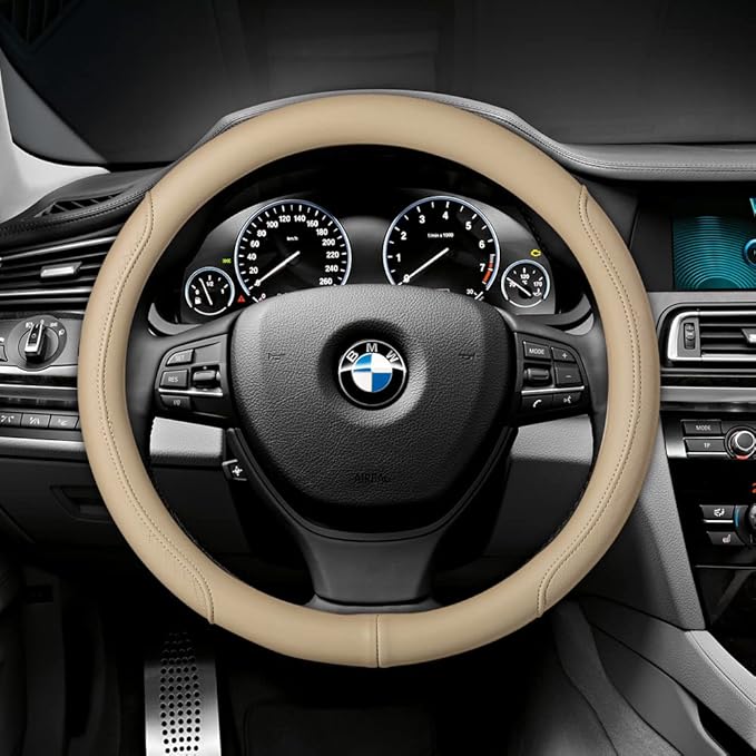 Microfiber Leather Steering Wheel Cover with Classic Embossing, Anti-Slip Breathable Auto Car Wheel Protector, Fit 15 Inch (Beige)
