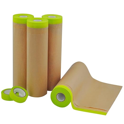 4 Rolls Pre-Taped Masking Paper and 2 Rolls Masking Tape Set -18 inch x 50 feet Tape and Drape for Painting, Painters Paper for Automotive Paint Masking, Floor Protection,Wall Covering