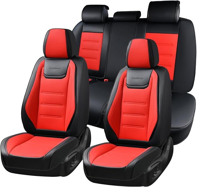 Coverado Car Seat Covers Full Set, Seat Covers for Cars, Car Seat Protector Waterproof, Leather Cushion, Universal Car Interior Covers Seat Protectors for Most Cars Black-Red