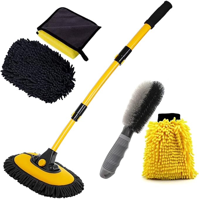 BMLEI Car Wash Brush with Long Handle, Chenille Microfiber Mop Mitt with 1 Replacement Head, Wheel Brush Extension Pole Cleaning Kit & Towels for Cars & Trucks - 5PCS