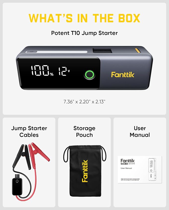 Fanttik Potent T10 1800A Portable Jump Starter, 12000mAh Power Bank, 12V Safe Lithium Jump Box with Smart SenseClamp, Retractable Charging Cable, Battery Booster for 7.0L Gas and 5.0L Diesel Engines